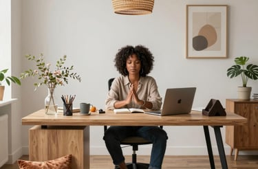 A cozy workspace with handcrafted Afrocentric decor pieces arranged around a wooden desk.