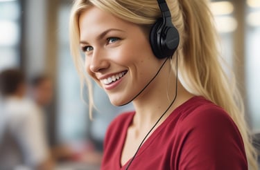 A friendly customer service representative with a headset smiling at a computer screen