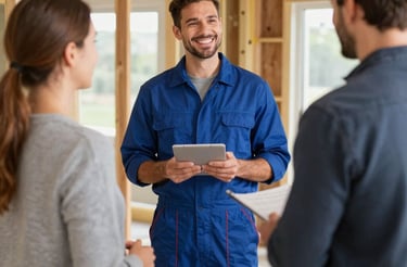 A friendly contractor shaking hands with a homeowner in front of a renovated house.