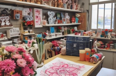 A cozy creative workspace with personalized gifts and laser engraving tools.