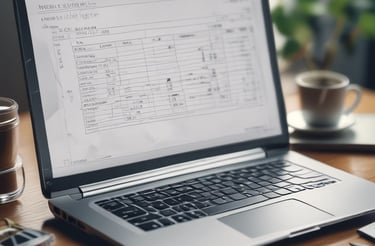 A clean, modern workspace with a laptop displaying financial charts and a cup of coffee nearby