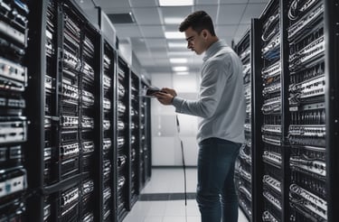 A friendly IT specialist assisting a client with network setup in a modern office.