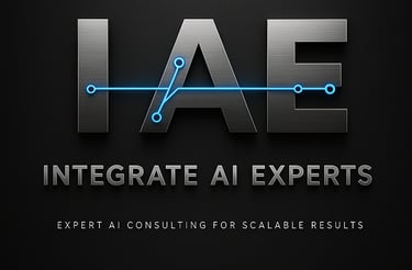 Integrate AI Experts (IAE) logo with blue circuit lines, metallic letters, and the tagline “Expert AI Consulting for Scalable