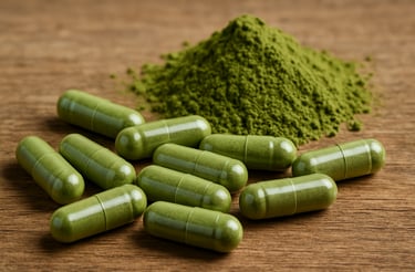 Organic green herbal supplement capsules and matcha powder on a wooden surface.