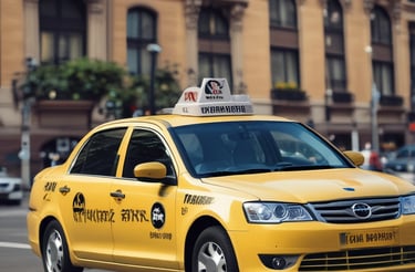 Friendly taxi driver handing keys to a new colleague beside a hybrid car.
