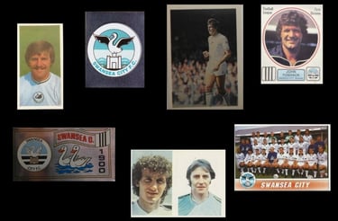 Vintage Swansea City AFC football memorabilia including player cards, John Toshack, and team photos.