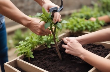 A set of garden tools including a fork, a spade, and a trowel are laid out on a rustic wooden surface. Nearby, there are pine cones and a bunch of white cotton flowers, adding a natural and earthy feel to the composition.