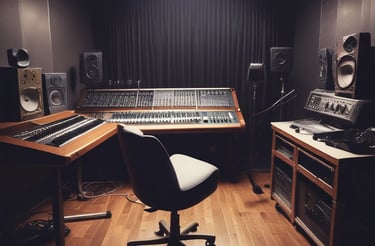 A modern music studio with vibrant red and blue lighting, featuring a large mixing console with a digital display showing the logo 'MMP'. Studio monitors and electronic equipment are visible around the console.