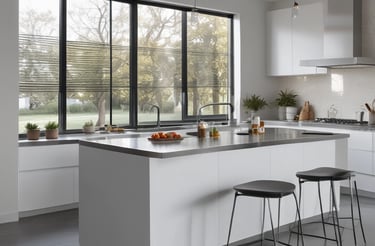 a kitchen with a large aluminium window and a counter top