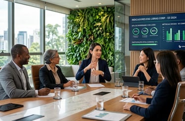 Reunião executiva inclusiva com profissional sinalizando Libras e indicadores ESG.