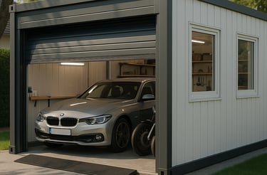 a car parked in a garage with a car in the garage