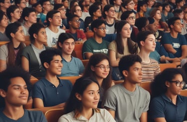 A large auditorium is filled with seated students dressed in uniforms, most of whom are wearing lanyards with identification cards. At the front, there are several individuals, including an older woman in a yellow saree and three men, sitting in blue chairs. The room is well-lit with ceiling lights and has decorated walls.