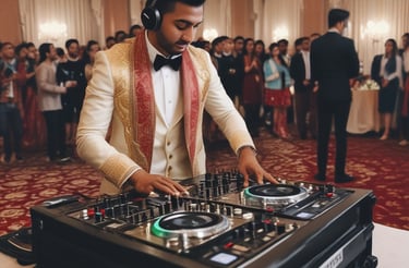 A black and white image depicts a DJ with headphones playing music on turntables in a dimly lit club. There is a crowd of people dancing and socializing in the background, highlighting a lively atmosphere. The setting is industrial, with exposed beams and pipes on the ceiling.
