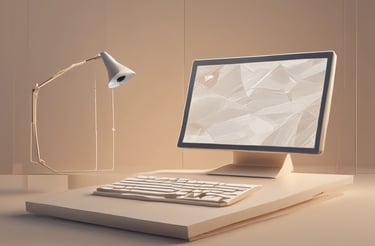 Diseño minimalista simétrico con bandera “HI! ESTUDIO” y formas geométricas en tonos suaves.