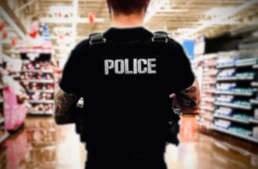 Uniformed off-duty police officer providing security at a Pacific Northwest retail location