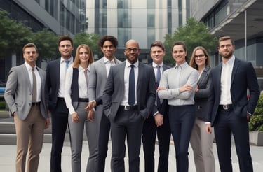 A group of ten professionally dressed individuals standing together in an office environment, smiling and exuding confidence.