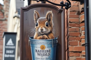A cozy corner of the pub with a window showing the sea view at sunset.