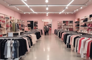 A fashion retail store display with large glass windows showcasing elegant mannequins dressed in upscale clothing. The store interior is brightly lit with a modern, luxurious ambiance. Two people walk past the store, one wearing a long dress and the other a headscarf.
