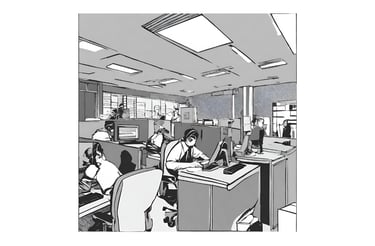 a drawing of a man working on a computer