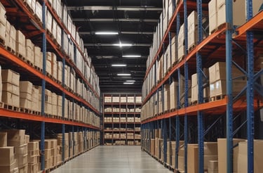 A warehouse or large store interior with shelves stacked high with packaged goods and supplies. A forklift with a yellow and black design is positioned in the center aisle, suggesting an industrial setting. The shelves hold products like large bags of rice or flour, boxed items, and various merchandise. Brightly colored cleaning tools are displayed on the left side, while more packaged goods fill the shelves to the right.