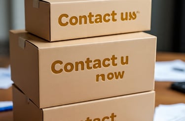 Cajas en torre color kraft con letras de contacto.