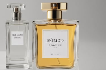 A glass perfume bottle with a transparent square cap and a dark ribbon near the neck. It is filled with a light pinkish liquid. The bottle is placed on a wooden surface with a warm, soft light creating a serene ambiance.