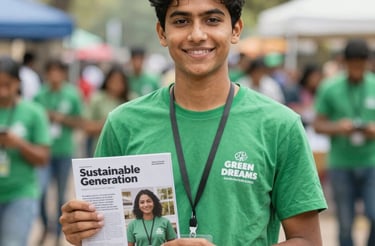A friendly volunteer holding a Green Dreams magazine, smiling warmly.