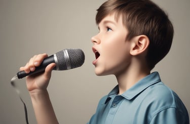 A person is singing into a microphone, illuminated by a bright light source behind them. The setting appears to be intimate, conveying a sense of performance or rehearsal. The image is in black and white, focusing on the subject who seems to be enjoying the moment.