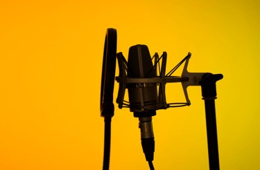 a microphone in a microphone stand in front of a yellow background