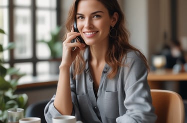 A friendly customer service representative smiling while answering a phone call in a cozy office.