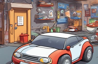 Cartoon sports car parked in an auto repaiir garage