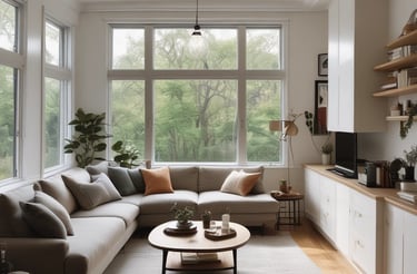 A modern building with an innovative design incorporating greenery and trees on its balconies is juxtaposed with a traditional brick apartment building. The vertical garden creates a striking contrast with the red-bricked structure.