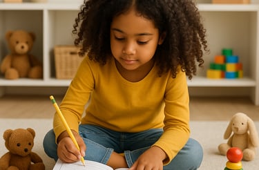 a young girl is sitting on the floor writing in an activity book