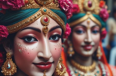 A traditional Hindu temple with intricate carvings and vibrant colors is surrounded by tall palm trees. The temple towers feature detailed sculptures and colorful decorations under a clear sky.