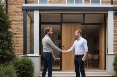 Real estate agent and homeowner shaking hands in front of a modern brick house extension.