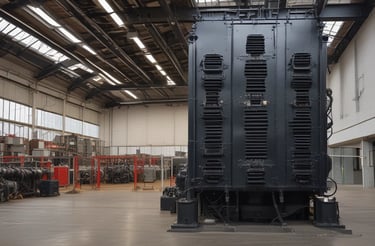 A power station with electrical transformers and equipment enclosed within a boundary wall. Signs with text are visible on the blue gate and walls. The facility is situated next to a road with open fields in the background under a clear sky.