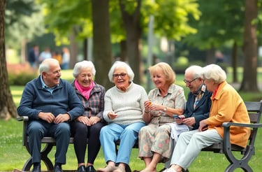 Gruppe älterer Menschen sitzen im Park beieinander