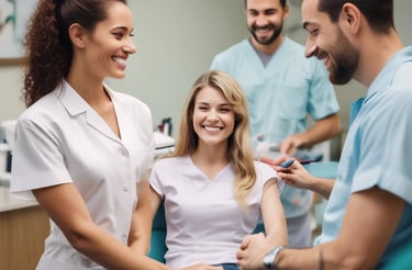 a woman is sitting in a chair in a dental clinic