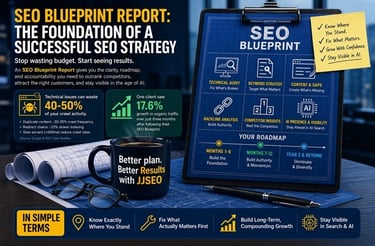 SEO blueprint report infographic with roadmap, technical audit and 17.6% growth example