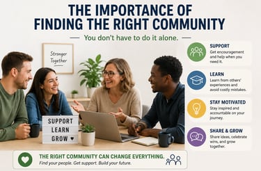 Supportive online affiliate marketing community helping beginners learn digital business