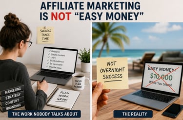 Realistic comparison between hard work and online passive income expectations in affiliate marketing