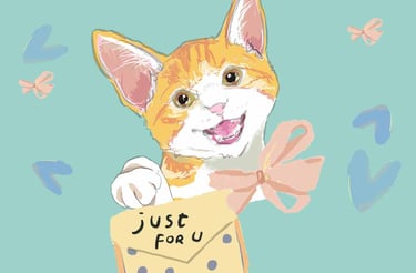 a cat with a bow tie and a card saying just for you