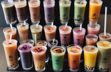 a variety of drinks in a row of glasses