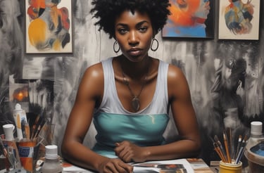 People are engaged in a creative activity, focusing on painting or drawing. One person is holding a paintbrush to a piece of paper. The background is blurred, suggesting a busy environment with multiple individuals participating.