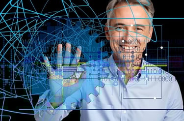 man touching a transparent tactil screen for data management
