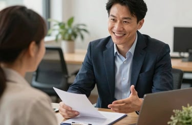 A warm office scene with a friendly consultant assisting a client on career opportunities overseas.