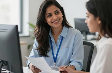 A friendly recruiter reviewing job applications in a bright office.