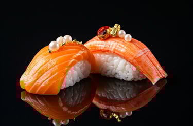 two pieces of sushi with pearls and pearls