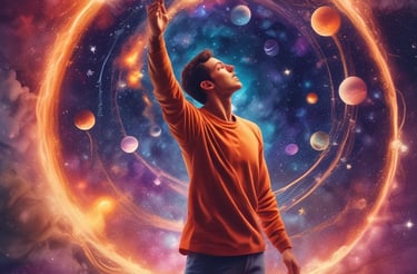 a man standing in front of a colorful picture of a galaxy - like object