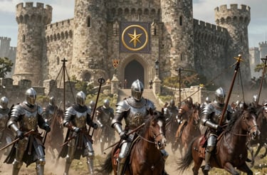 A group of medieval warriors standing united under a banner with the Onering emblem.